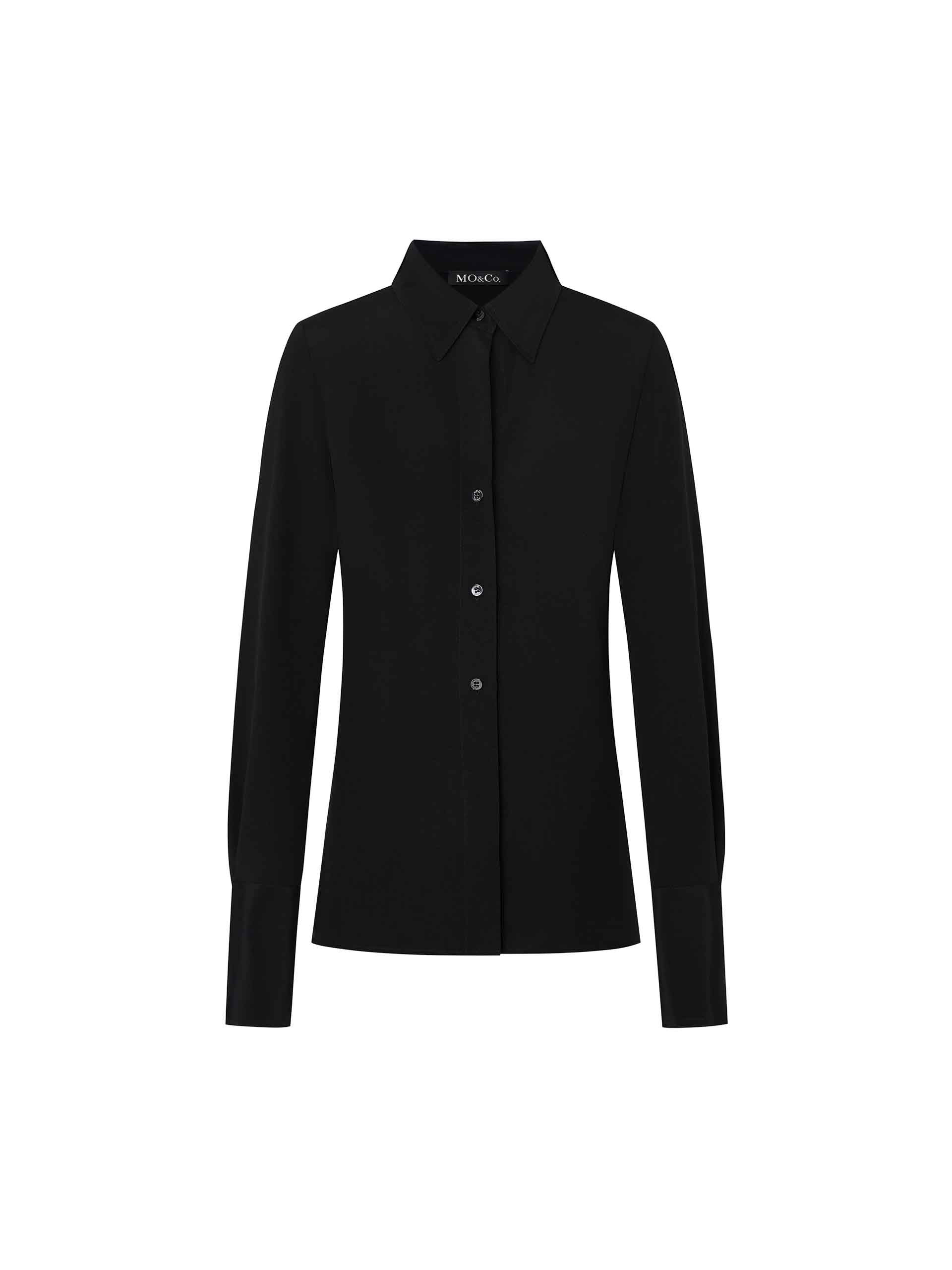 MO&Co. Women's Silk Blend Collared Slim Fit Long Sleeve Shirt in Black