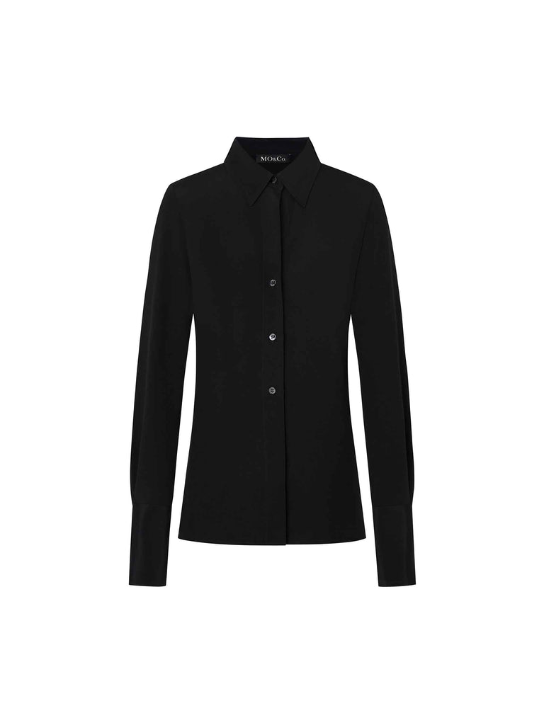 MO&Co. Women's Silk Blend Collared Slim Fit Long Sleeve Shirt in Black