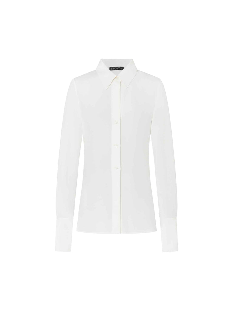 MO&Co. Women's Silk Blend Collared Slim Fit Long Sleeve Shirt in White