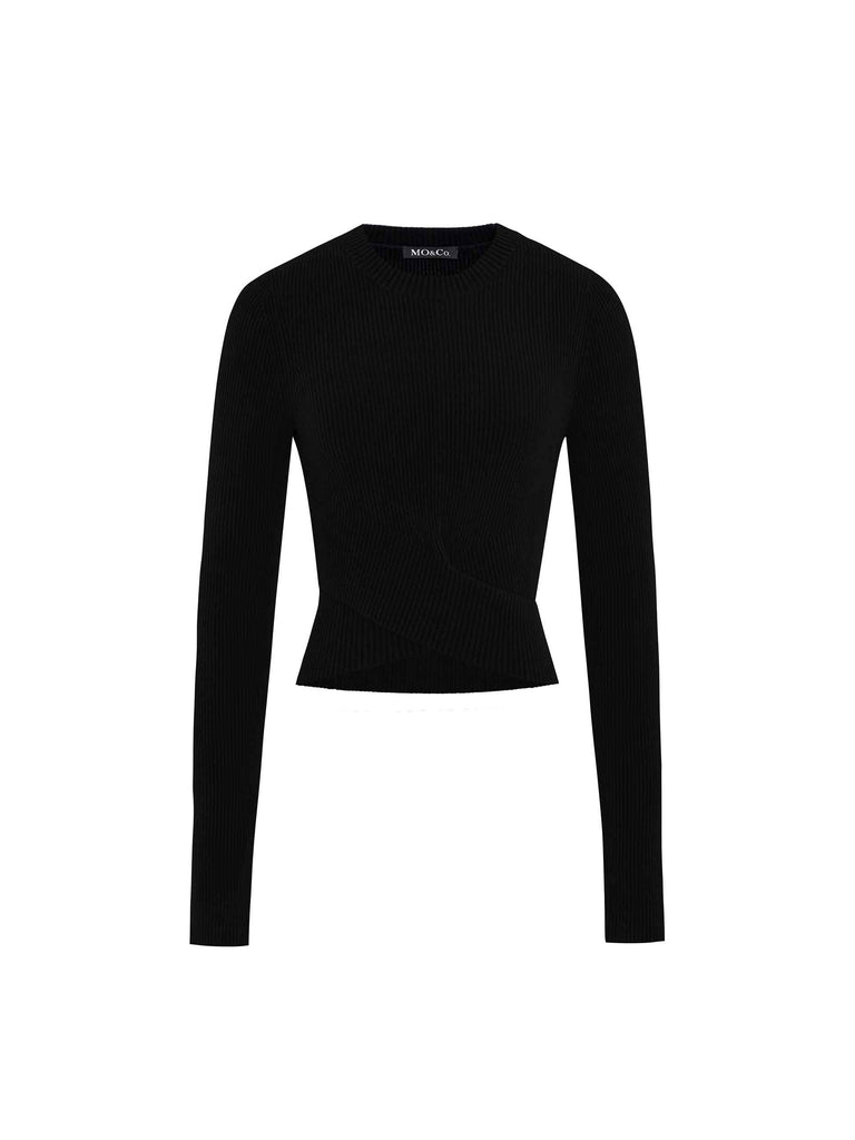 MO&Co. Women's Cross Front Tight Fit Cropped Ribbed Knit Top Long Sleeves in Black 