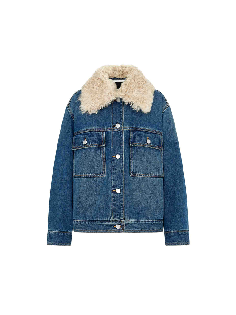 MO&Co. Women's Warm Fur Collar Quilted Denim Jacket in Blue