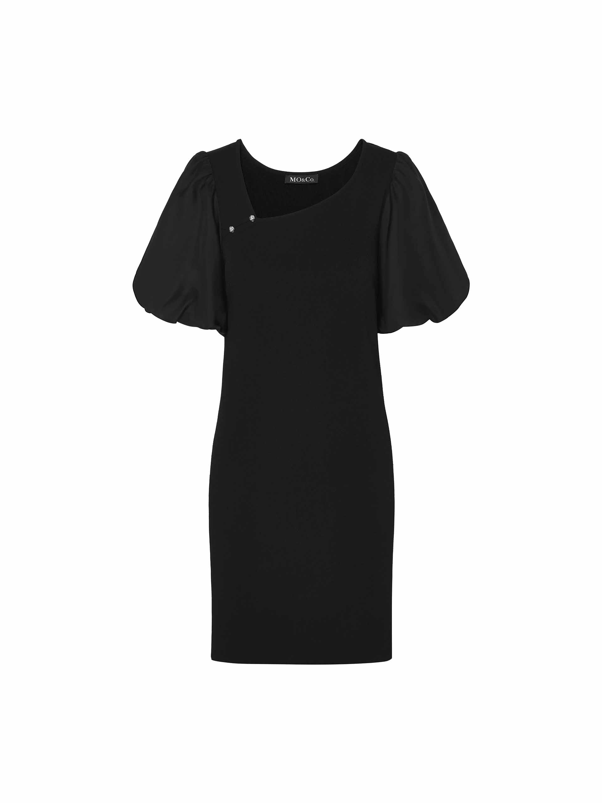 MO&Co. Women's Asymmetric Collar Mini Dress in Black featured with sheer puff sleeves and ssymmetric collar with metallic buckle details