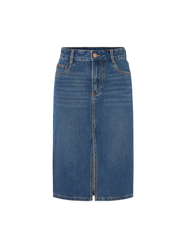 MO&Co. Women's Front Slit Straight Denim Midi Skirt in Blue