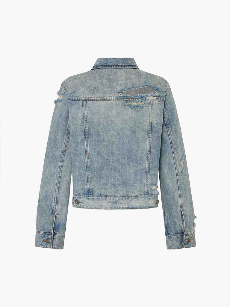 MO&Co. Noir Women's Destroyed Detail Regular Fit Cotton Jacket in Blue. Crafted from high-quality denim with a vintage wash, this jacket exudes a laid-back charm.