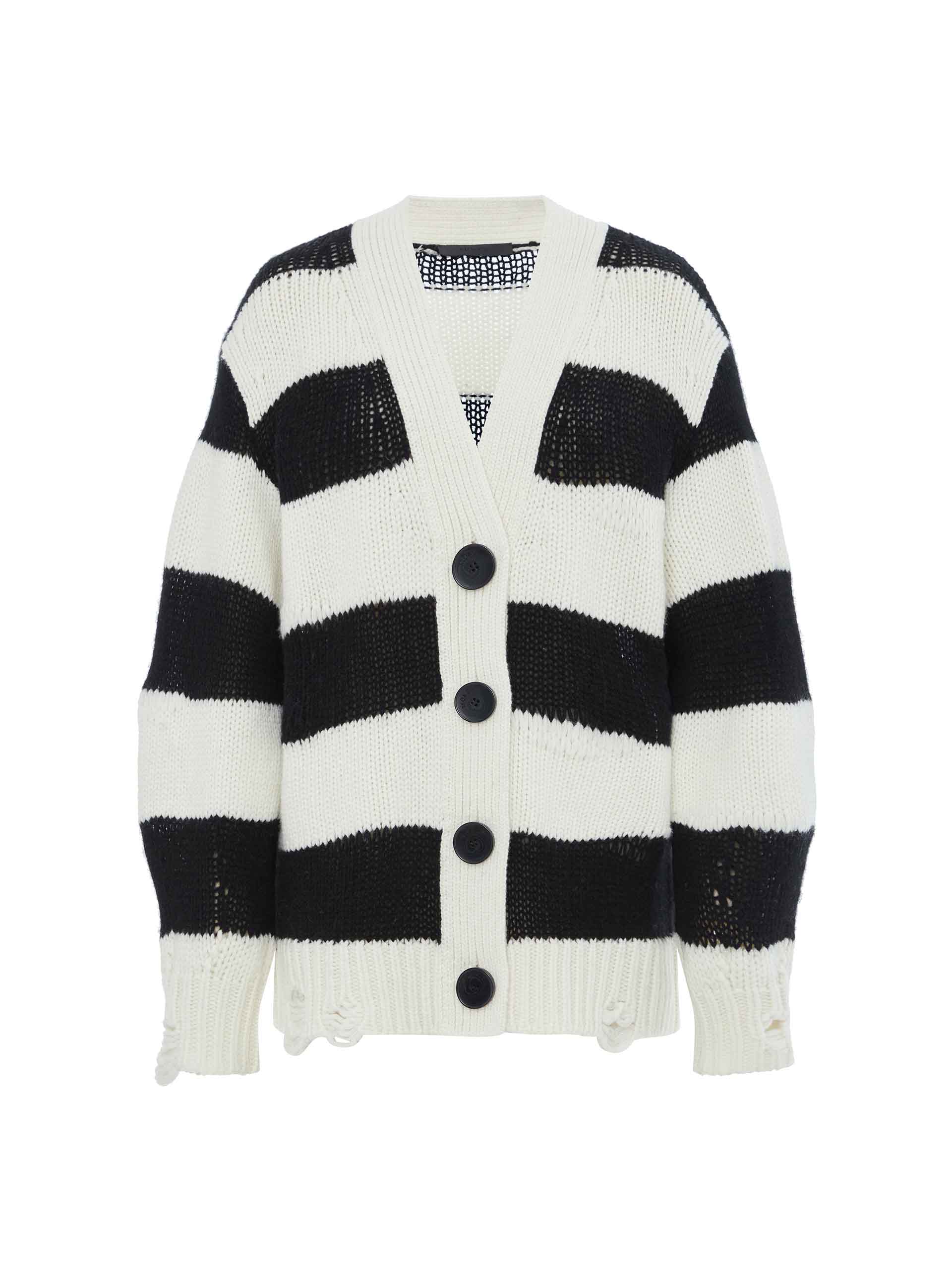 MO&Co. Women's Striped Relaxed Distressed Wool Cashmere Yak Blend Cardigan in Black and White