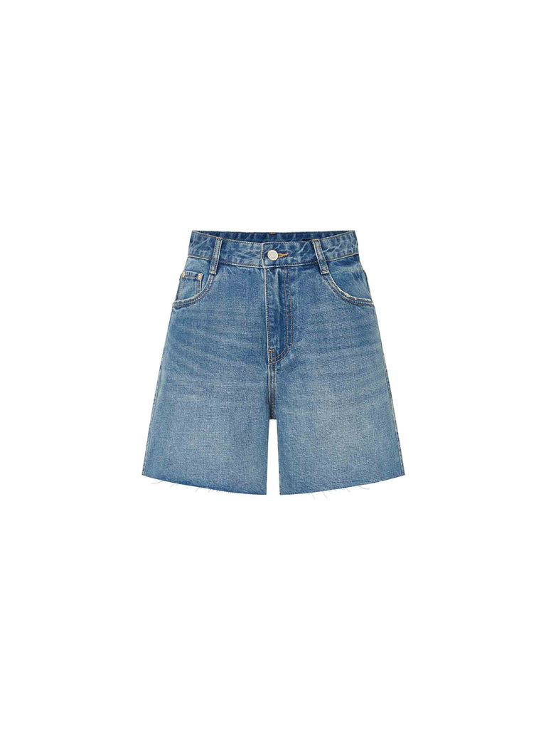 MO&Co.'s Raw Details Denim Shorts in Blue crafted from superior denim cotton, these pants boast subtle frayed hem detailing for an edgy, modern look.