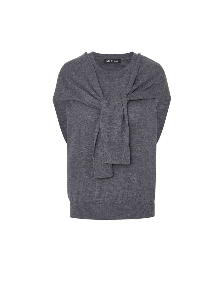 MO&Co. Women's Grey Wool Sleeveless Sweater with Flannel Tied Around Shoulder
