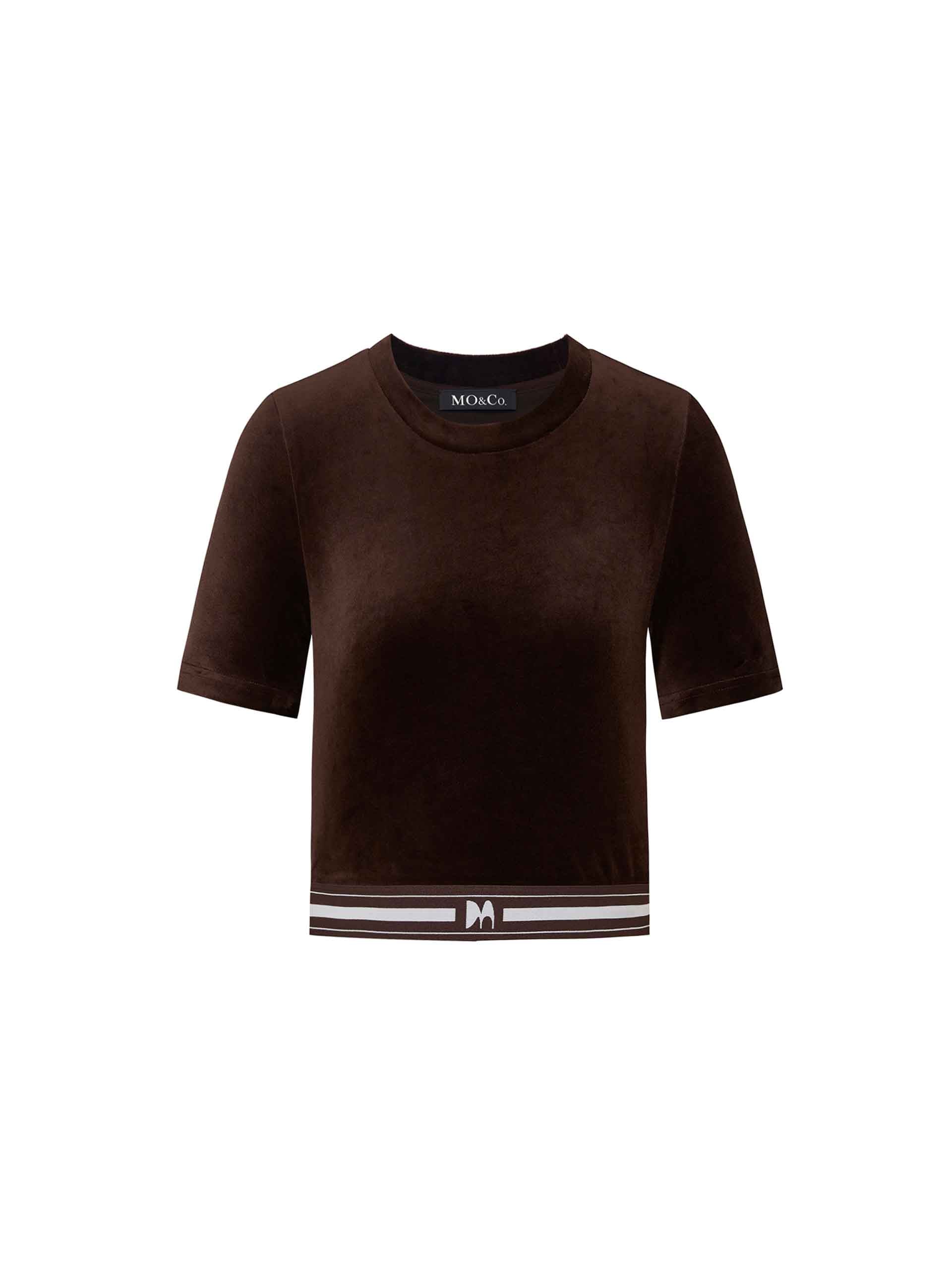 MO&Co. Women's Velvet Touch Short Sleeve Elastic Hem Crop Top in Brown