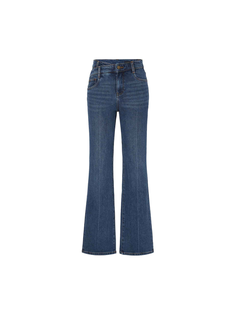MO&Co. Women's Retro Washed Asymmetrical Waist Flared Jeans in Blue