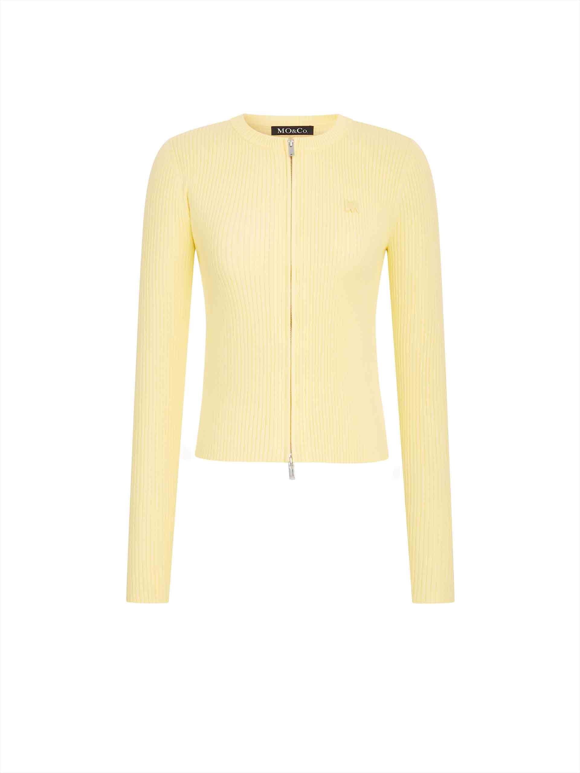 MO&Co. Women's Yellow Ribbed Slim Fit Long Sleeves Zip-upCardigan