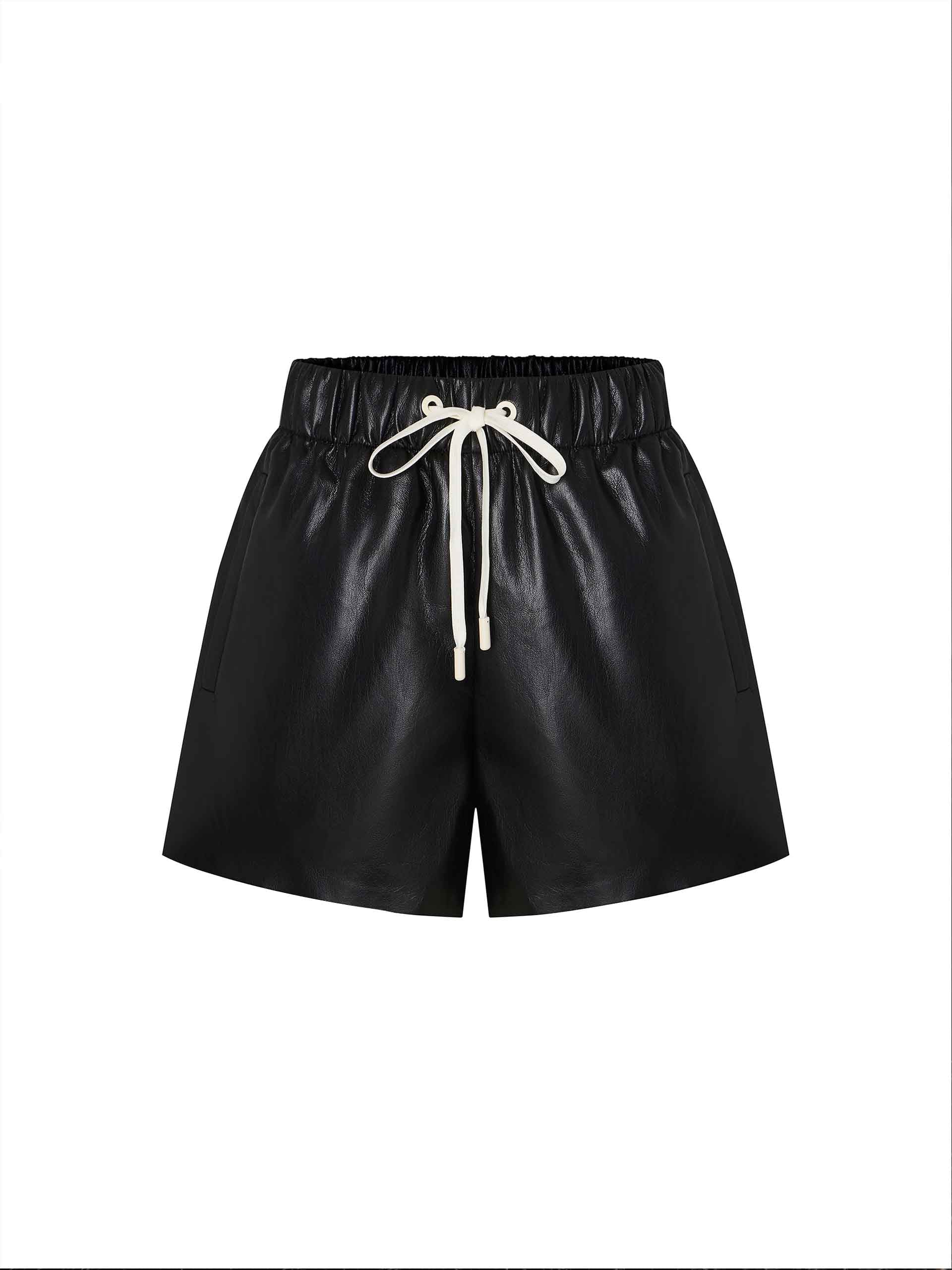 MO&Co. Women's Faux Leather Solid Color Casual Drawstring Shorts in Black 