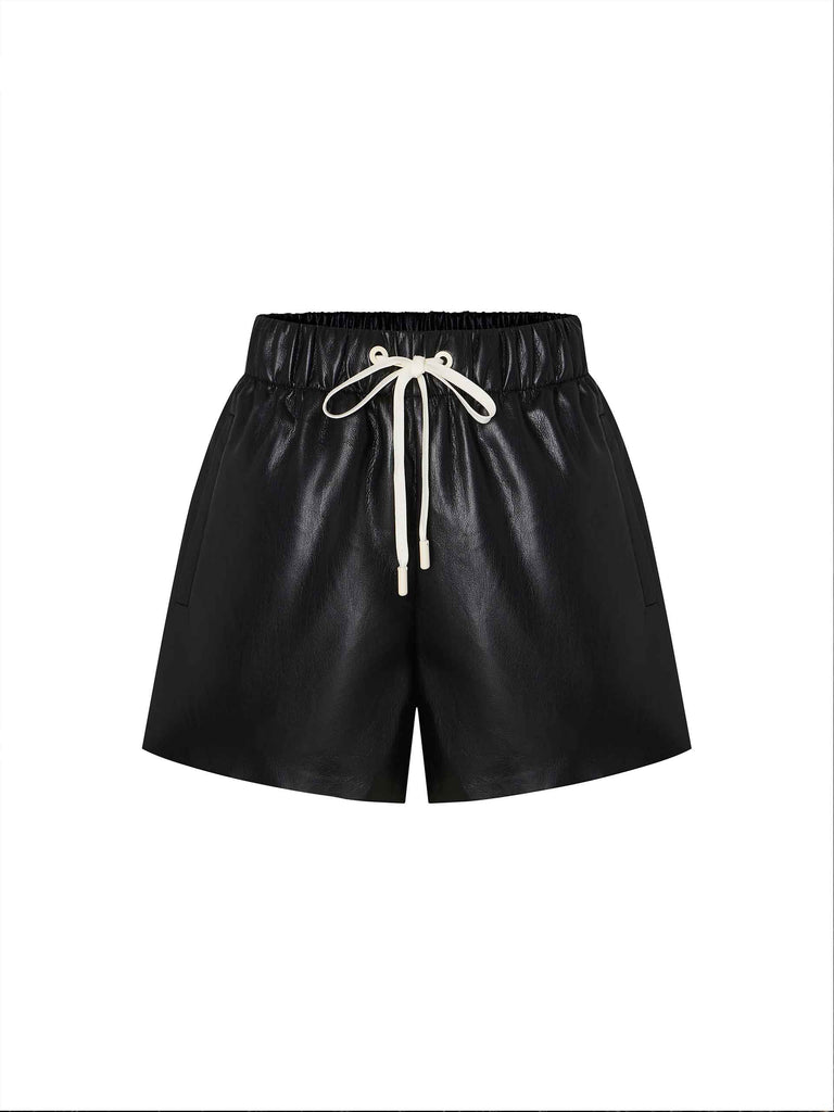 MO&Co. Women's Faux Leather Solid Color Casual Drawstring Shorts in Black 