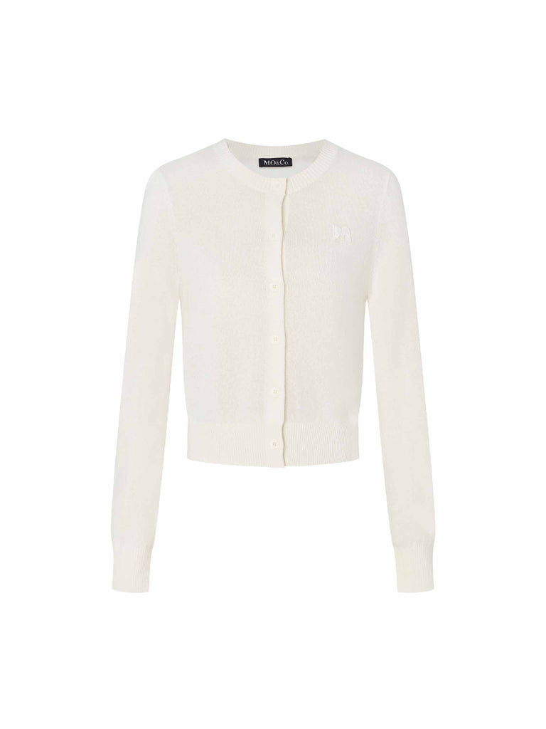 MO&Co. Women's Regular Fit Knitted Crew Neck Basic Cardigan in white