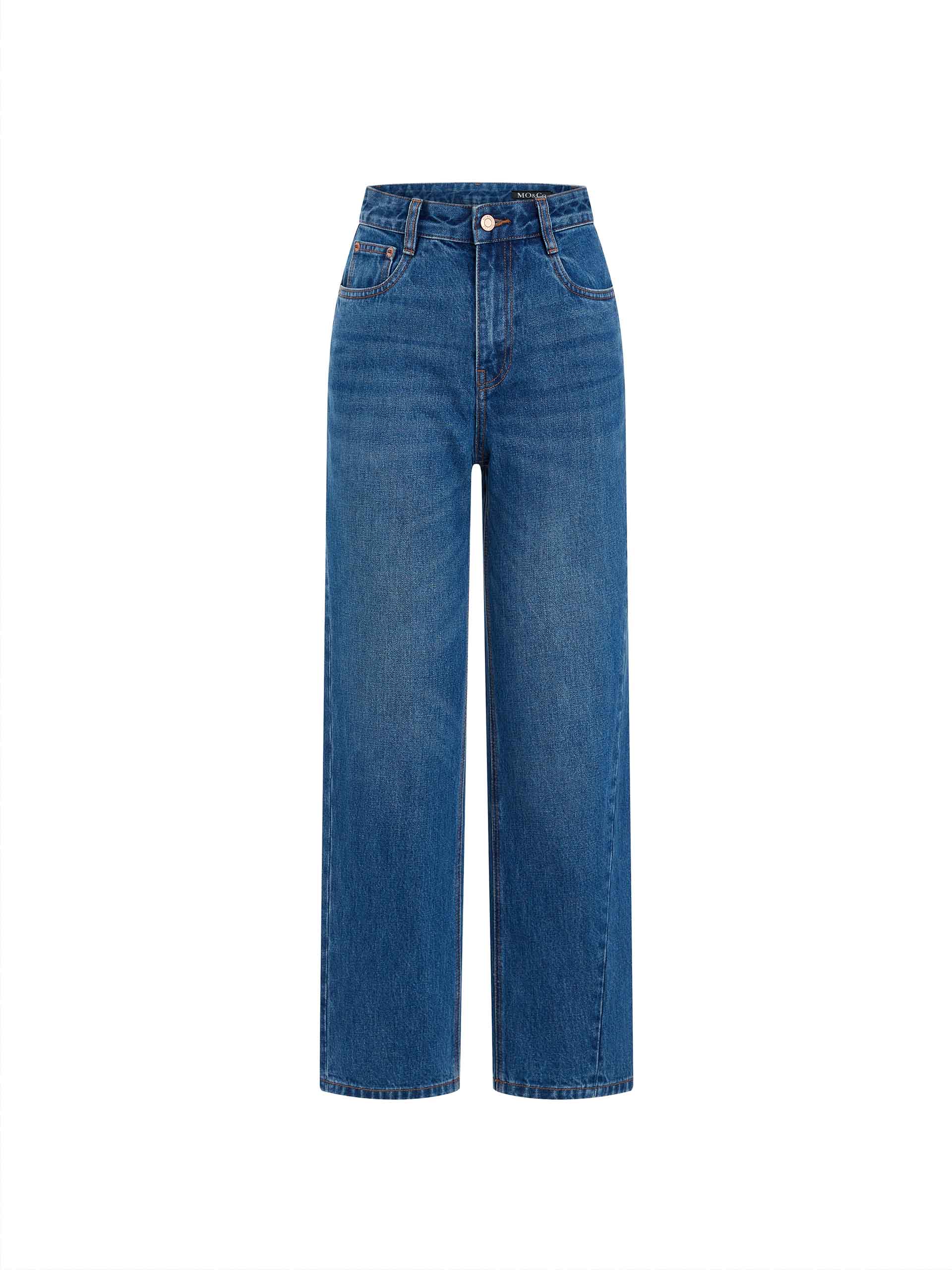 MO&Co. Women's Blue High Rise Cotton Straight Ankle Jeans