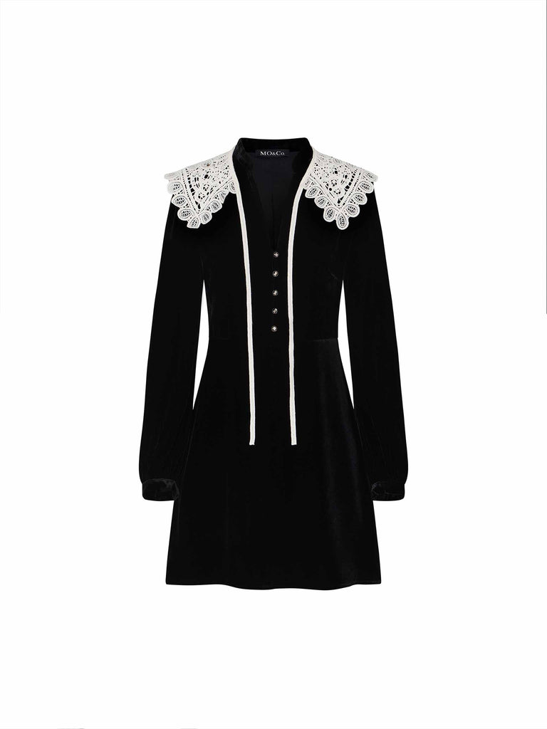 MO&Co. Women's Detachable Lace Collar Long Sleeve Velvet Mini Dress in Black