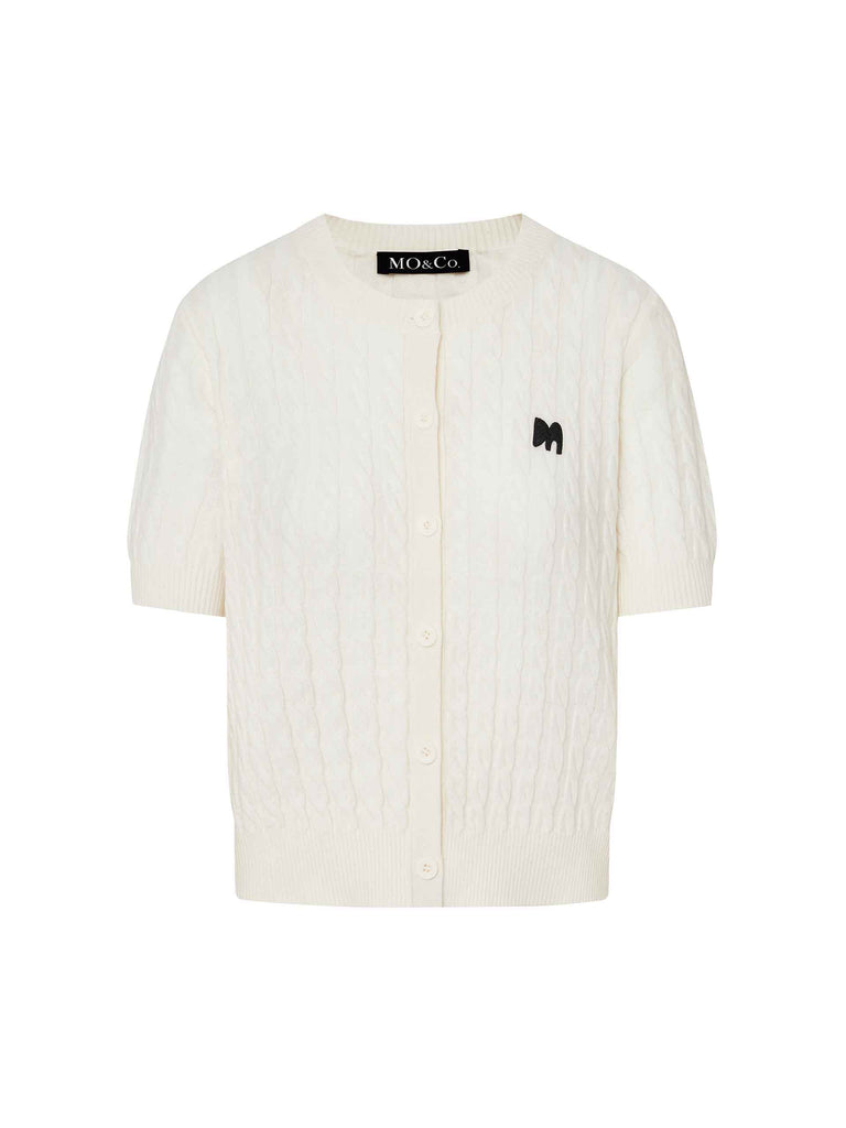 MO&Co. Women's Wool and Cashmere Cable Knit Sweater Cardigan in Short Sleeves in White