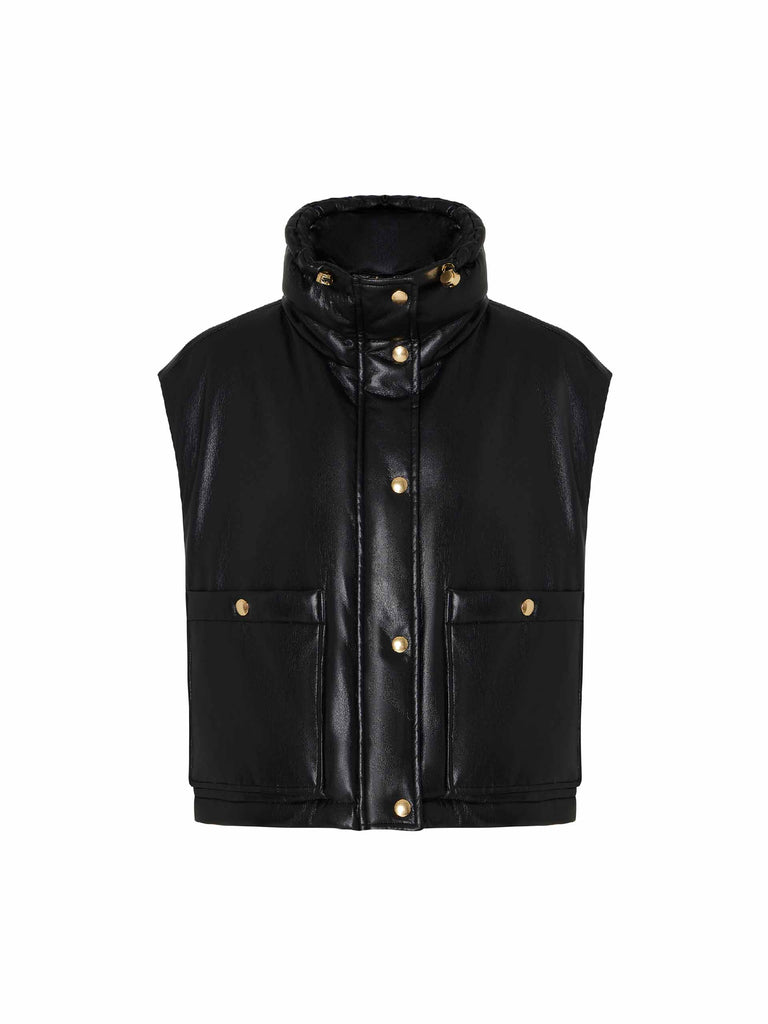 MO&Co. Women's Faux Leather Zip-Up Puffer Down Vest in Black