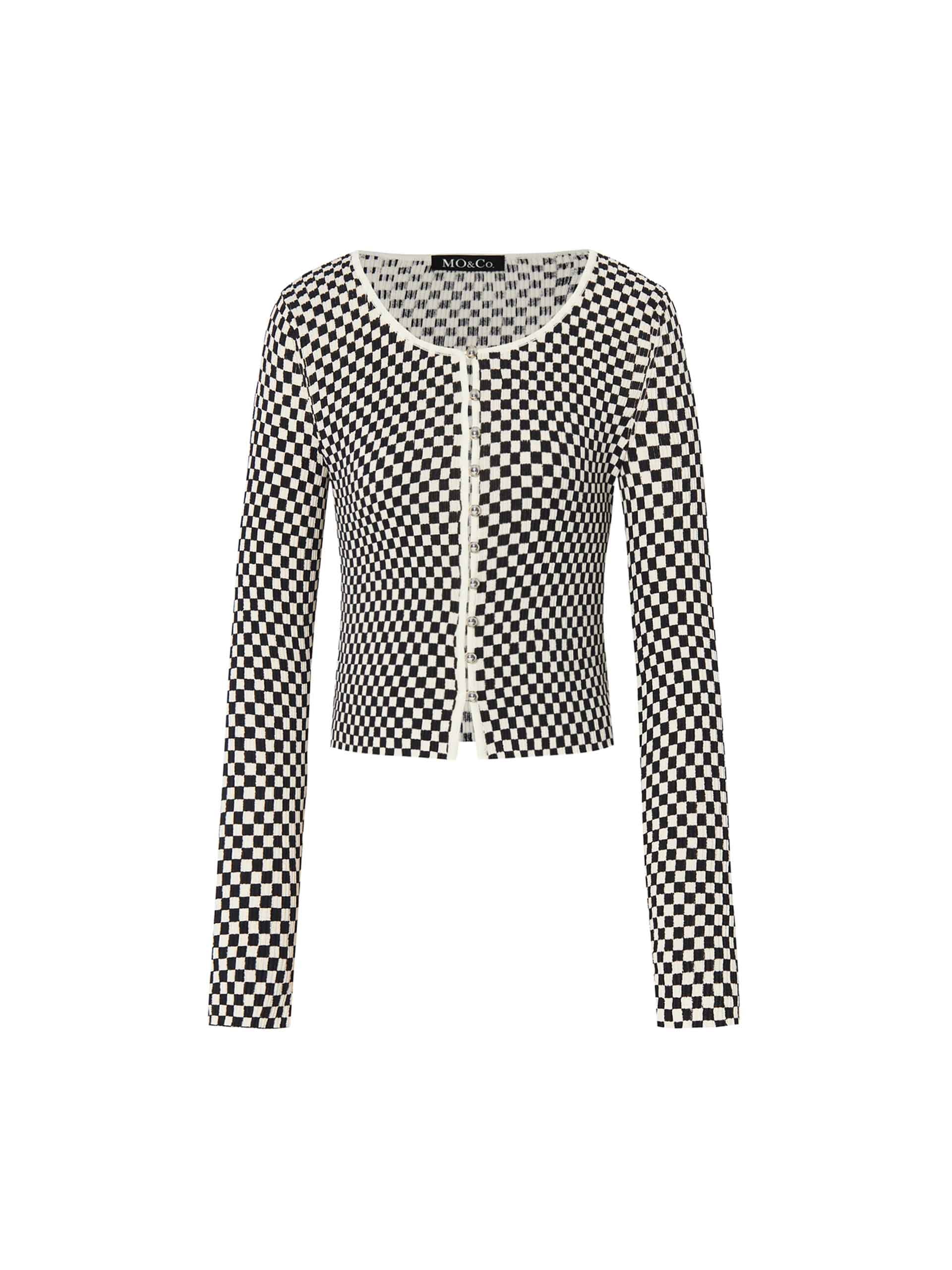 MO&Co. Women's Plaid Jacquard Long Sleeve Crop Cardigan