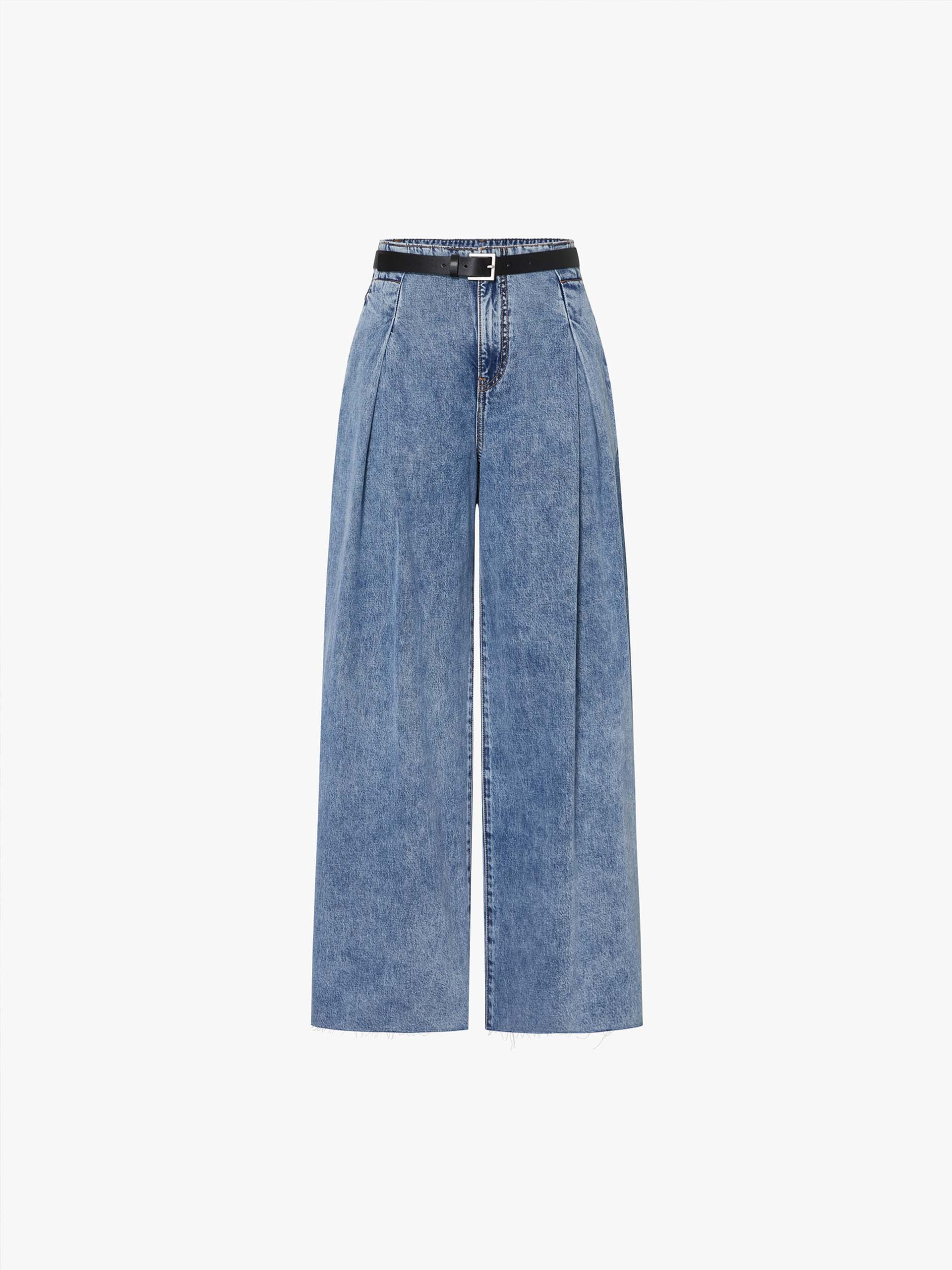 MO&Co. Women's Pleated Wide Leg Jeans in Blue with Belt Details