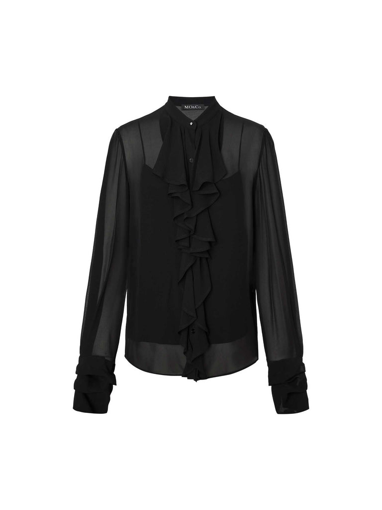 MO&Co. Noir Women's Pure Silk Ruffle Blouse Shirt with Camisole in Black