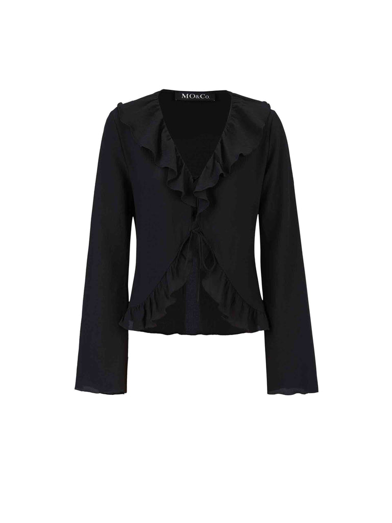 MO&Co.'s Silk Ruffled Trim Top Blouse in Black your go-to for a touch of elegance with its comfortable fit, flared sleeves, and self-tie knot closure with ruffle trim design, this high-quality blouse is sure to impress.