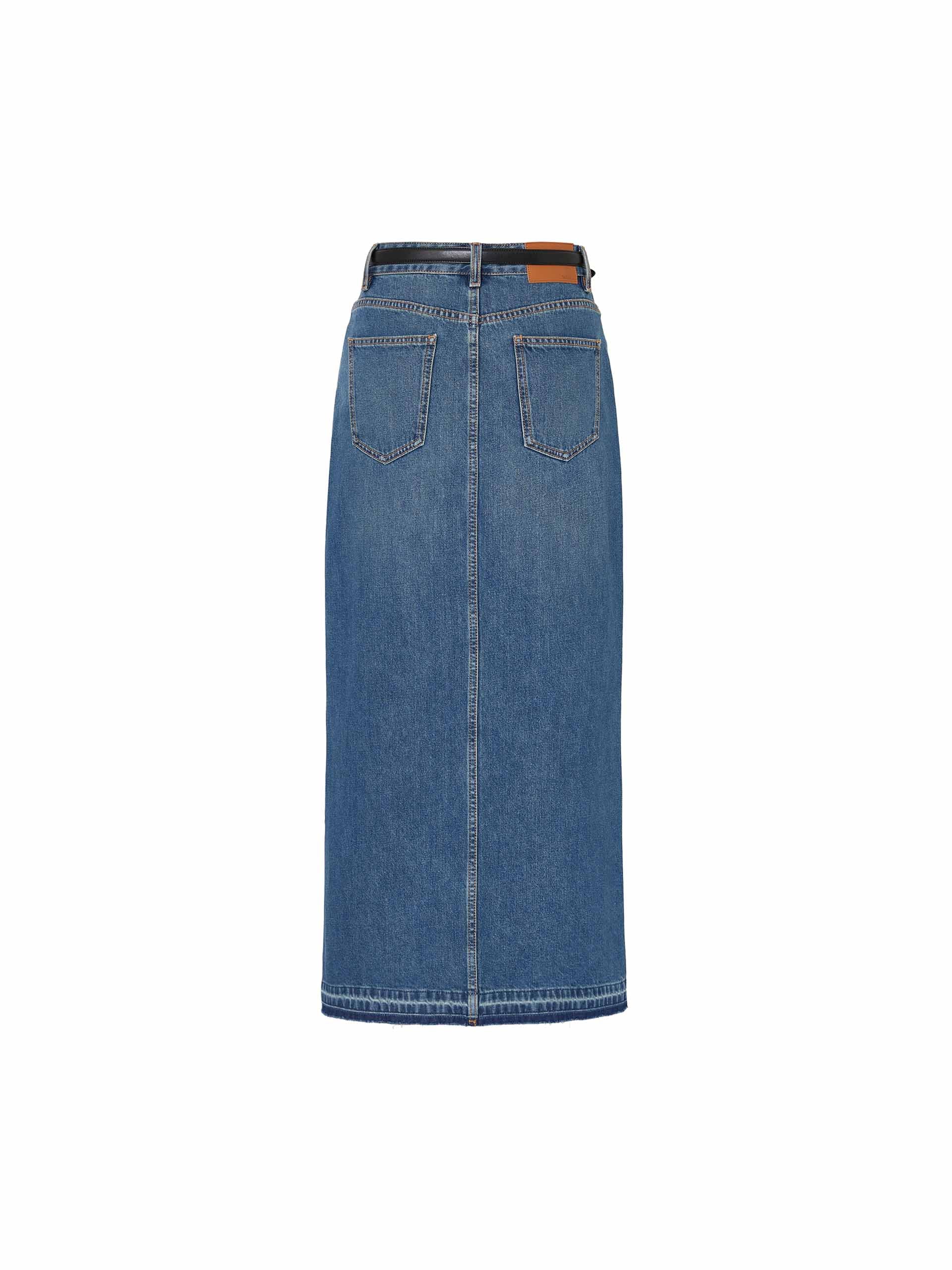 MO&Co. Women's Blue Front Slit Maxi Denim Skirt in Cotton