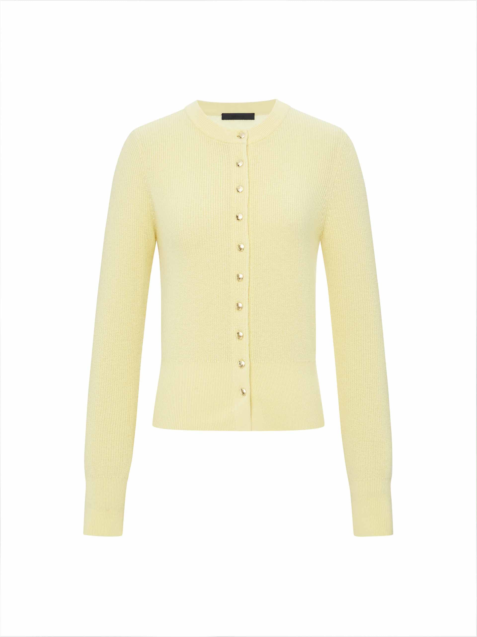 MO&Co. Women's Crew Neck Cardigan Sweater in Wool-Cashmere Timeless Yellow