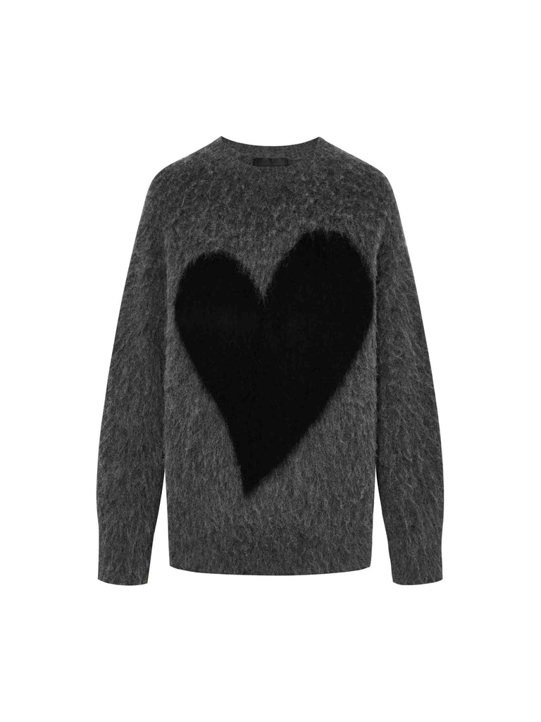 MO&Co. Women's Black Heart Pattern Brushed Loose Fit Sweater in Grey