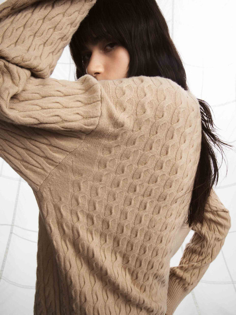 MO&Co. Women's Cable Texture Knit Wool and Cashmere Pullover Sweater in Camel