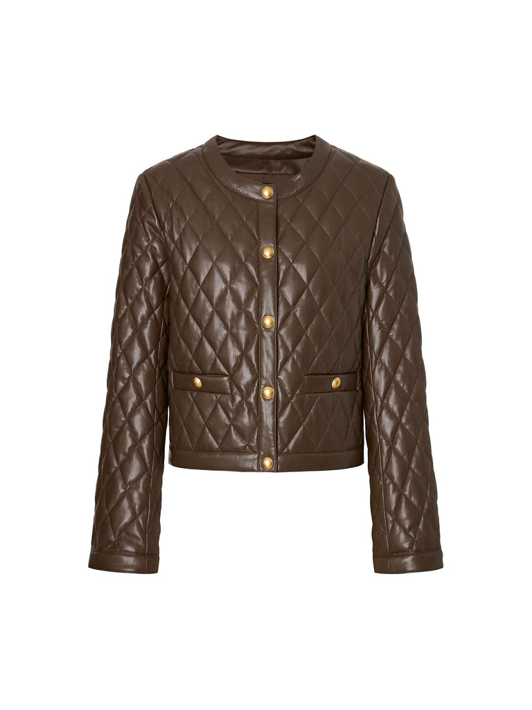 MO&Co. Women's Vegan Faux Leather Collarless Quilted Jacket in Brown