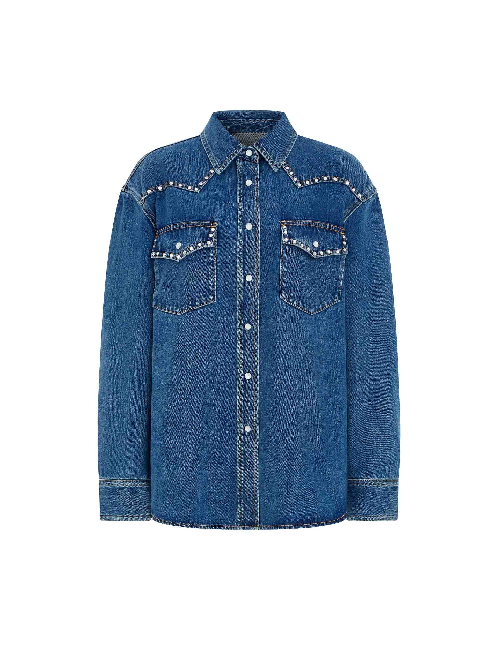 MO&Co. Women's Blue Oversized Fit Zircon Detail Denim Jacket