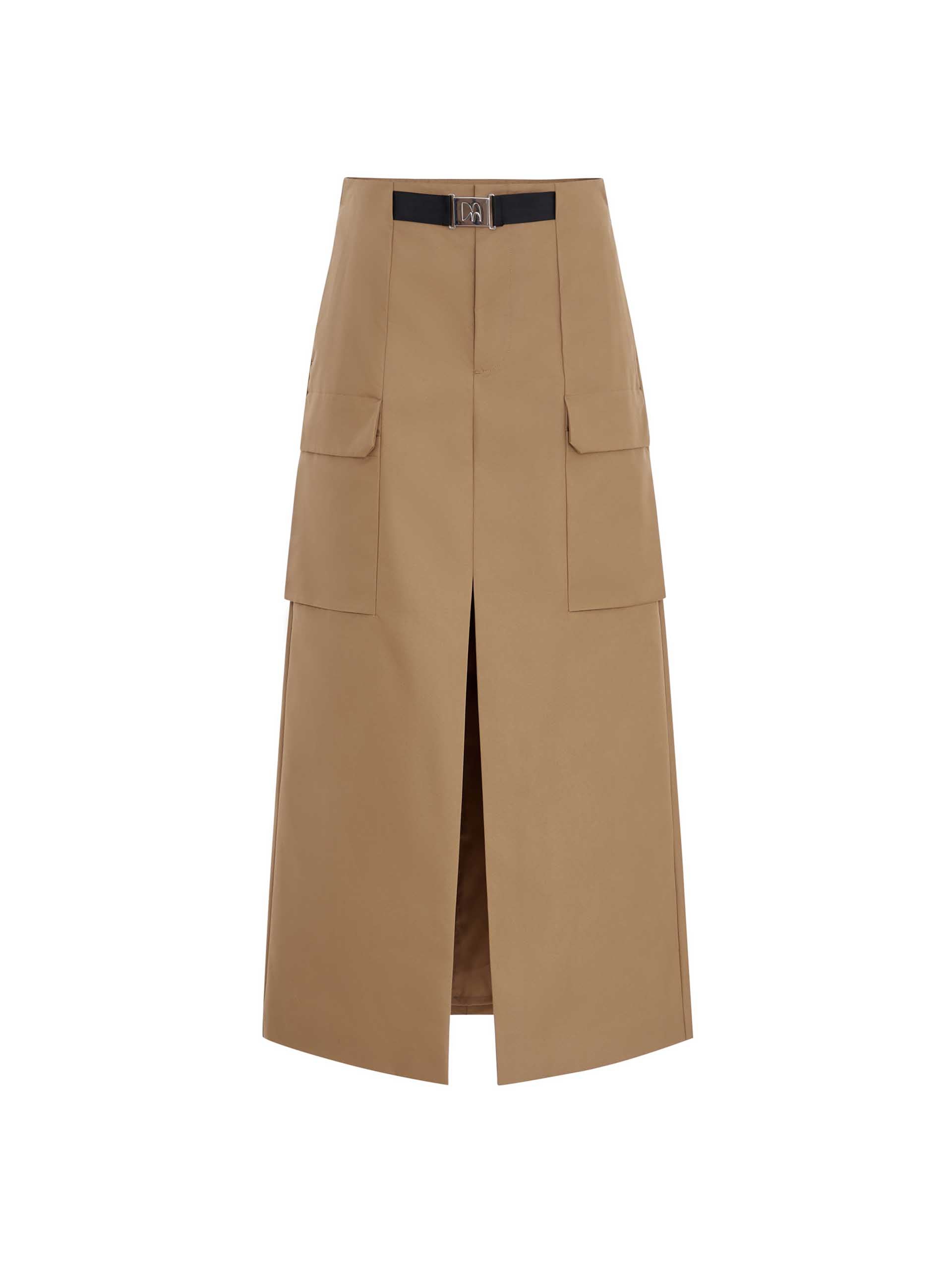 MO&Co. Women's Front Slit Belted Cargo Midi Skirt Urbancore in Camel/Khaki