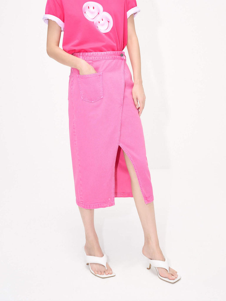 MO&Co. Women's Denim Wrap Skirt in Hot Pink