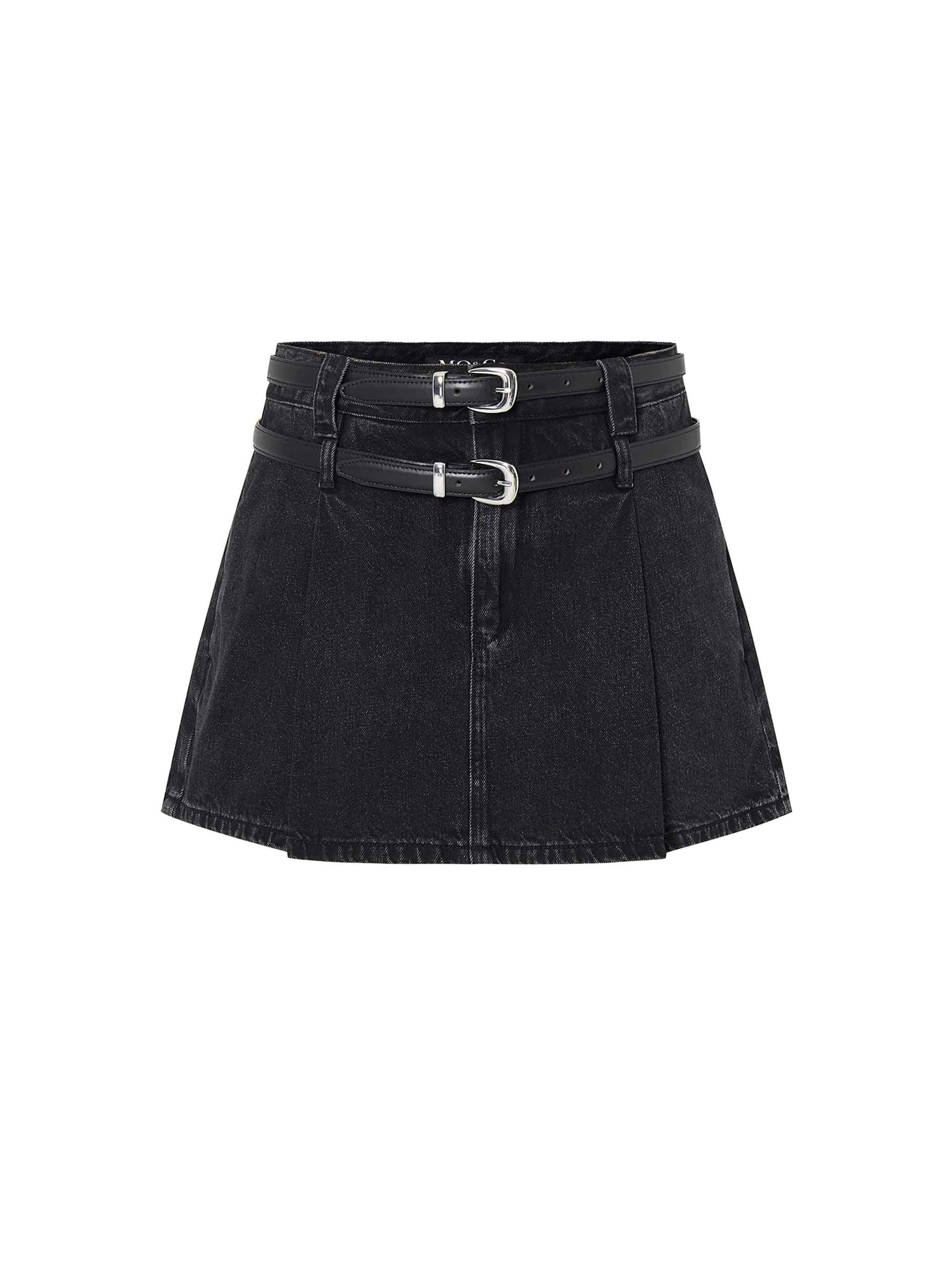 MO&Co. Women's Washed Black Pleated Mini Denim Skirt with Belt