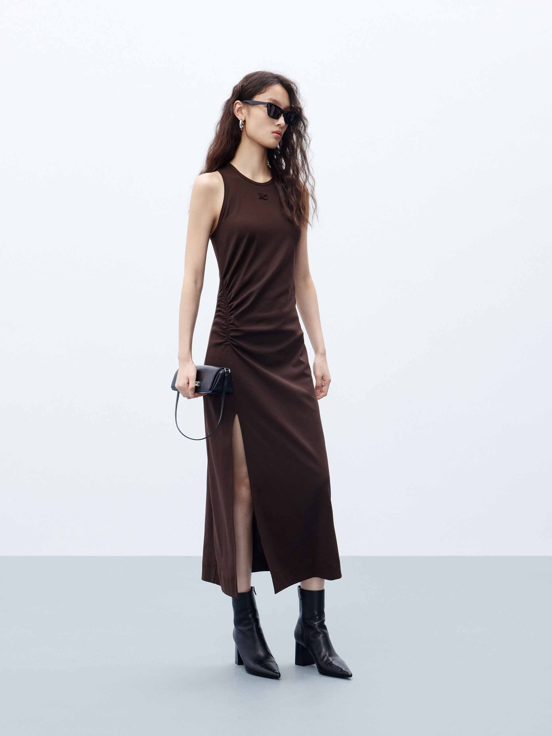 MO&Co. Women's Pleated Side Midi Dress and Long Sleeves Bolero Set in Brown