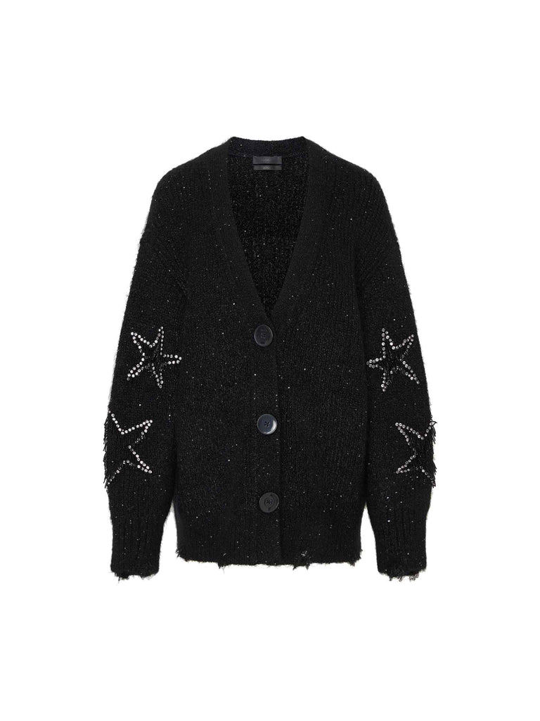 MO&Co. Noir Women's Oversized V Neck Textured Cardigan Black with Star Sequins