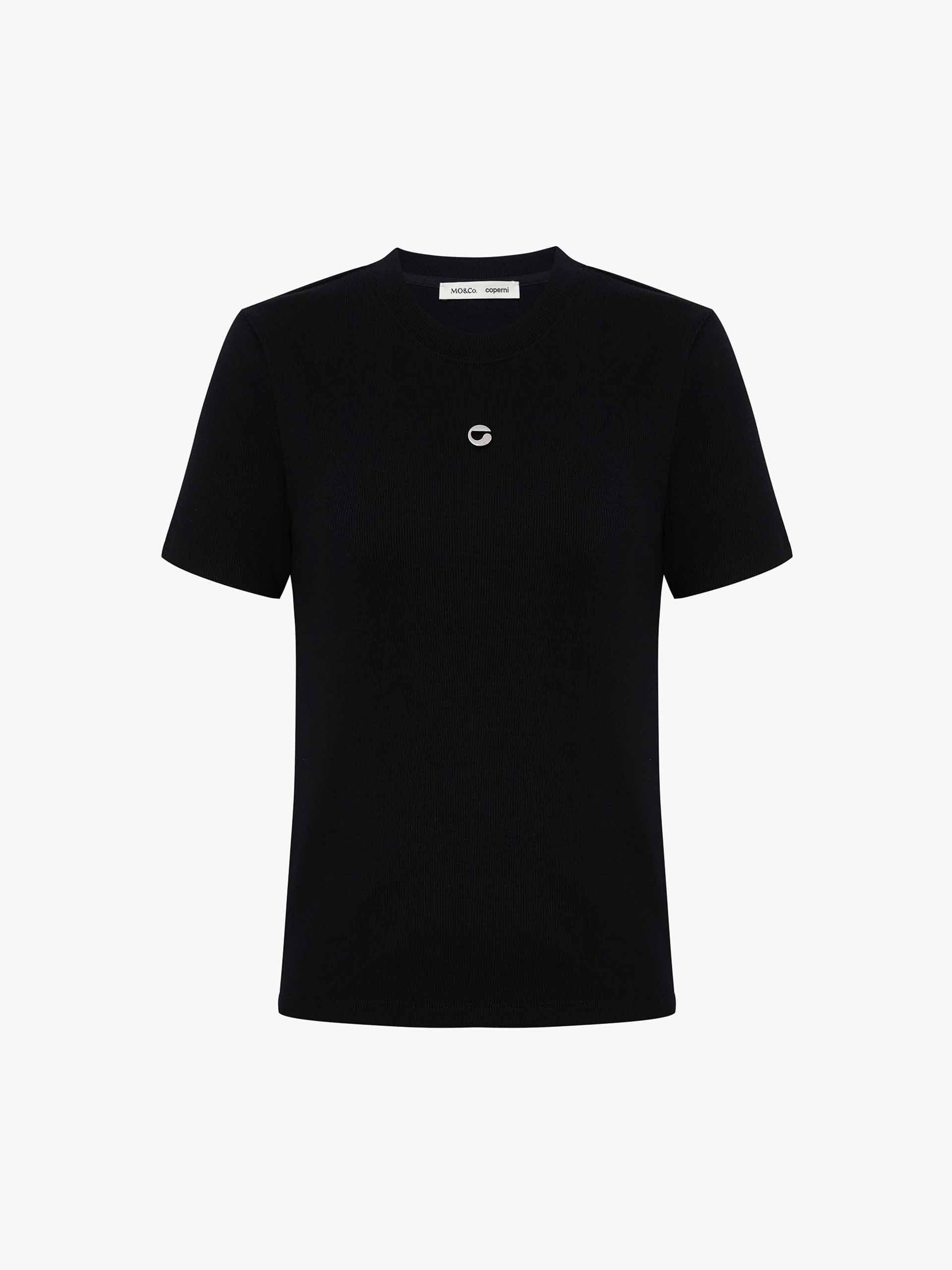 MO&Co. X Coperni Collection | Women's Round Neck Black Knitted T-shirt with Metallic Logo