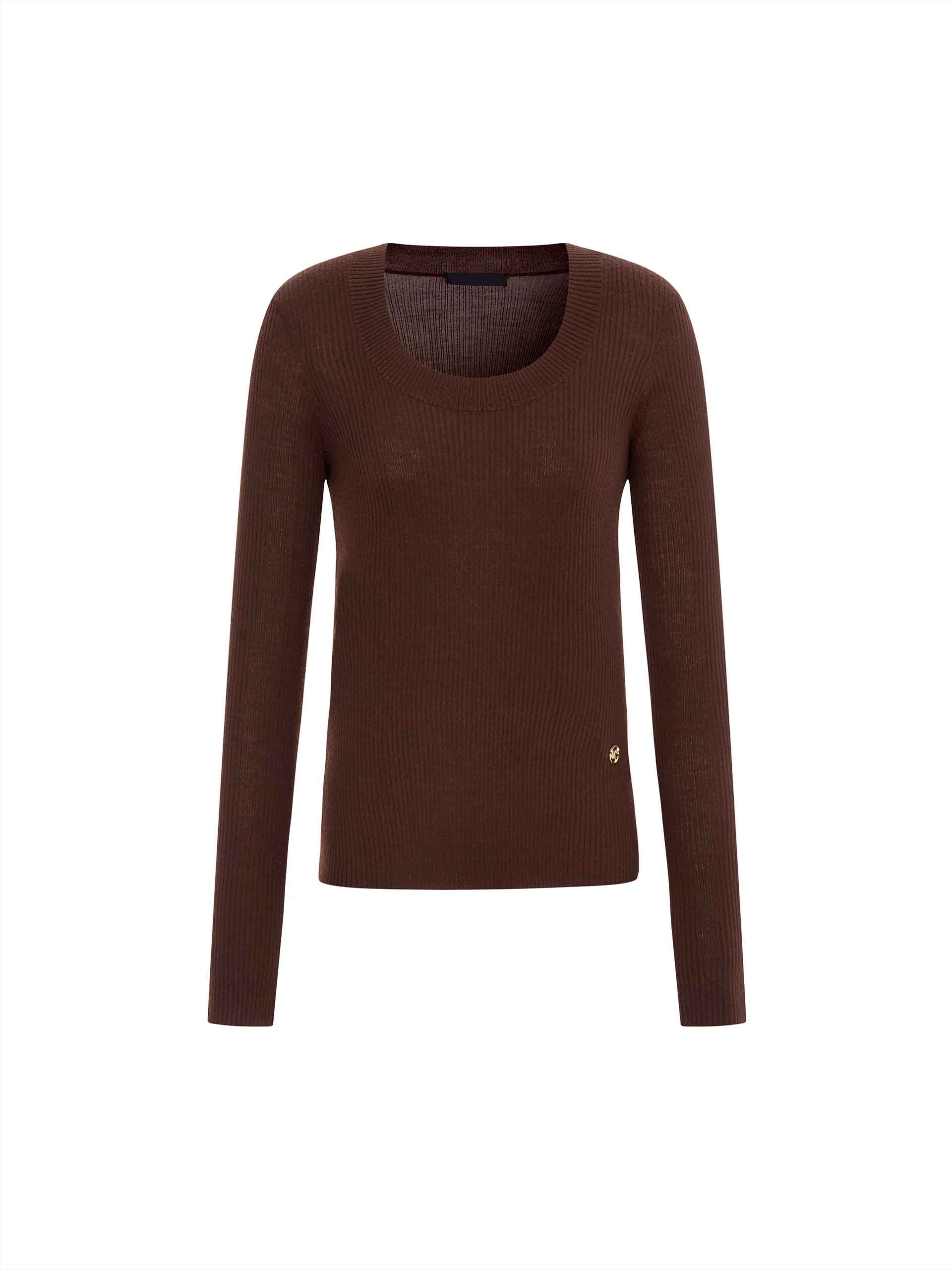 MO&Co. Women's Merino Fine Rib Knit Top Long Sleeves in Brown