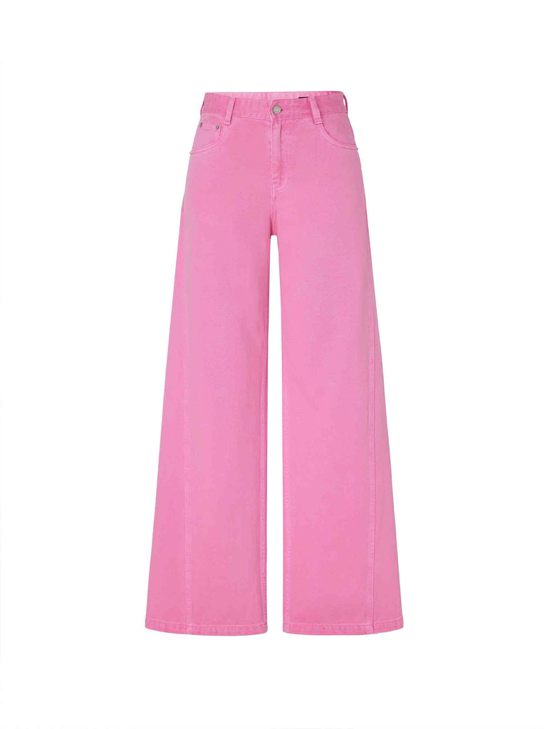 MO&Co. Women's High Rise Seams Details Wide-leg Jeans in Pink features five-pocket design, slanted seams details, comfortable cotton material