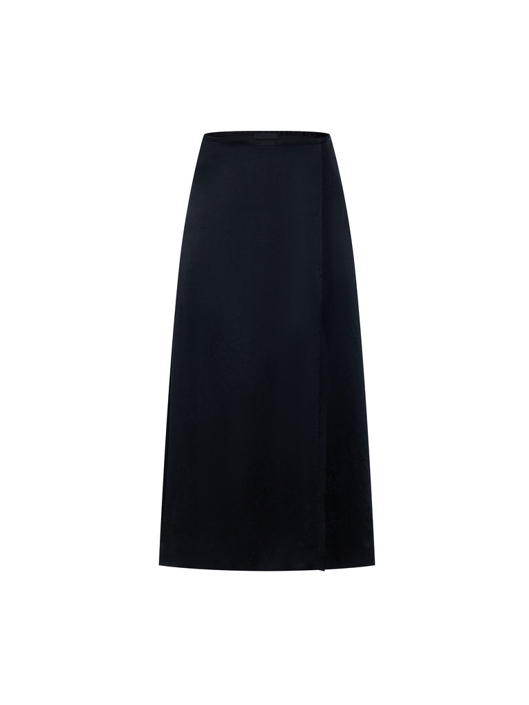 MO&Co. Women's Slant Slit Detail  Solid Color A-line Midi Skirt in Acetate Black with lace trimmed