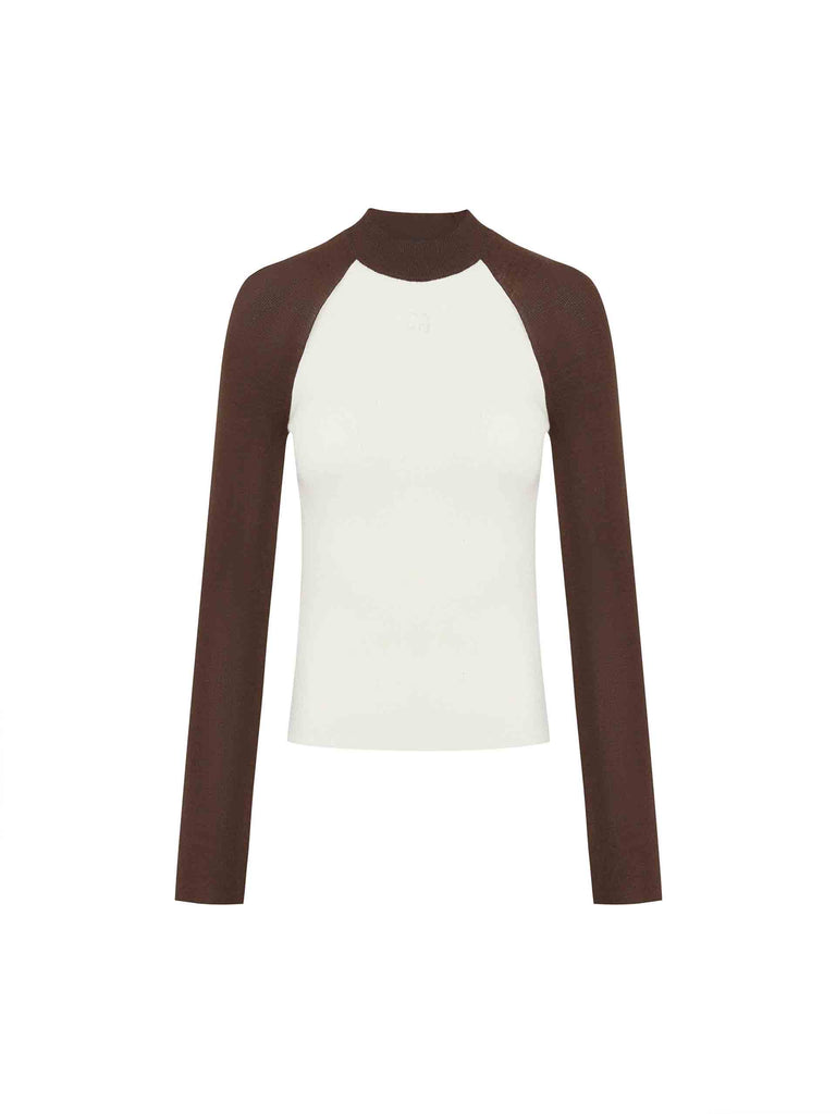 MO&Co. Women's Contrast Raglan Sleeve Tight Wool Blend Knit Top in Brown and White