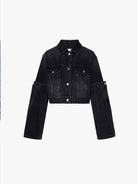 MO&Co. X Coperni Collection | Women's Paneled Open Elbow Black Denim Jacket