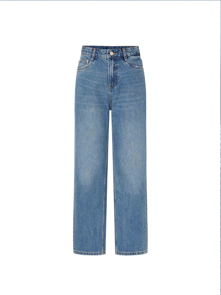MO&Co. Women's Mid Waist Straight Whiskered Jeans in Blue features a secure button and zip closure, roomy five-pocket design, and easy accessorizing via the belt loops.