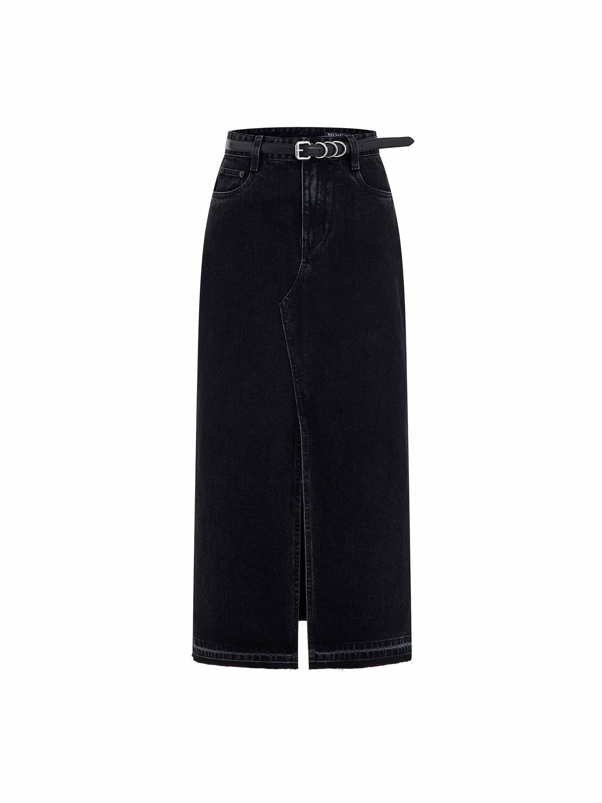 MO&Co. Women's Slit Cotton Denim Maxi Skirt in Washed Black