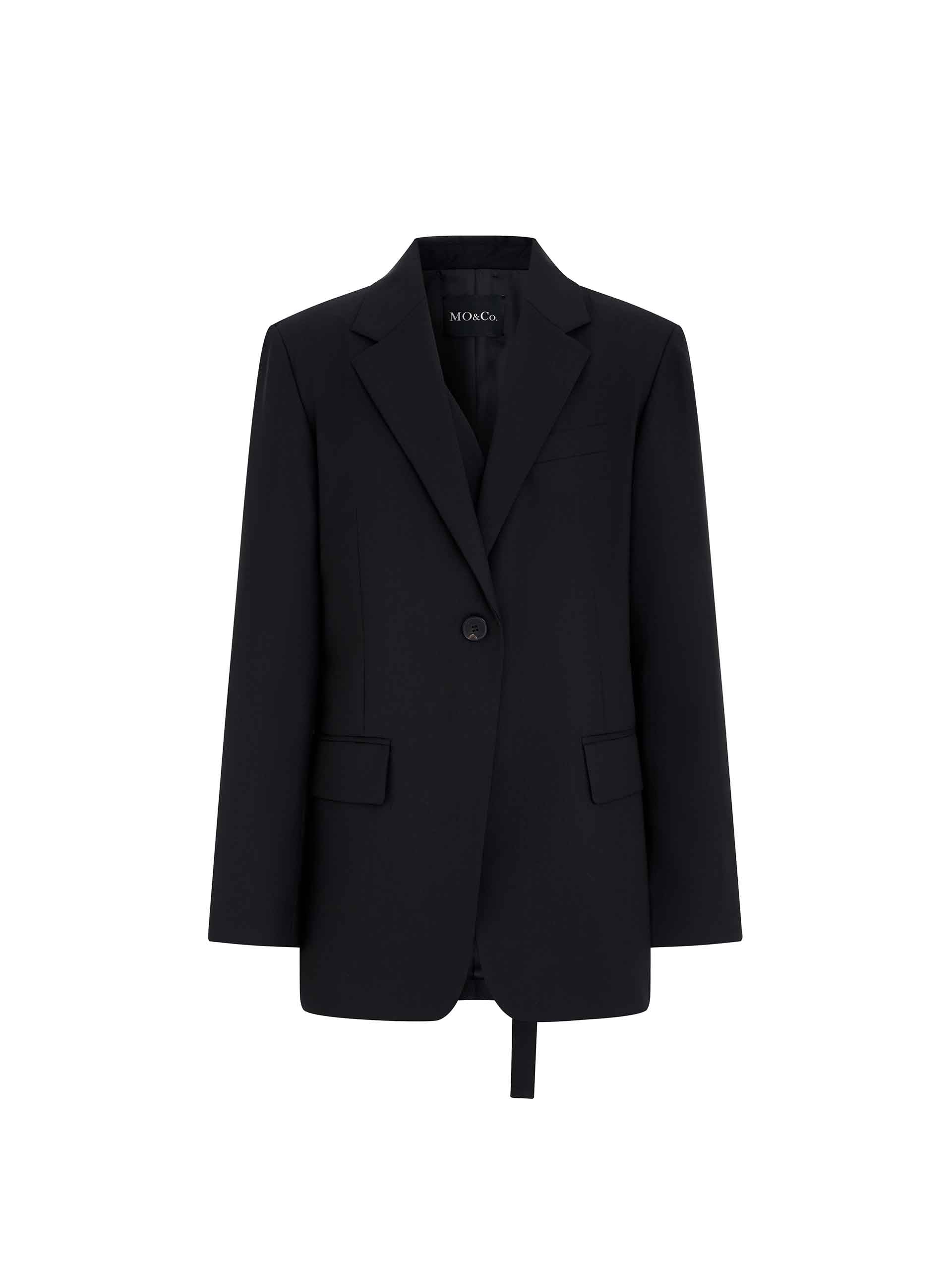 MO&Co. Women's Wool Blend Belt Detail Tailored Blazer in Black