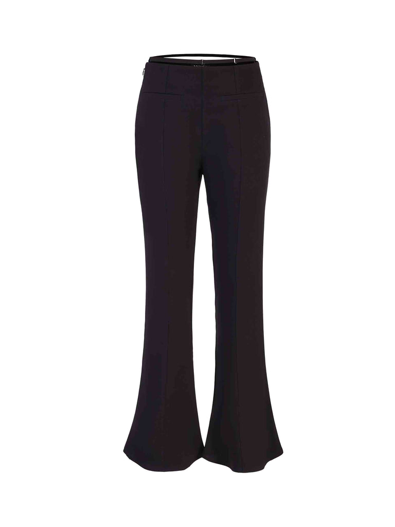 MO&Co. Women's Deconstructed Flared Pants in Black. Crafted from a lightweight, smooth acetate blend fabric, these pants feature a concealed side zipper, high waist with strap details and a seam detail along the front.