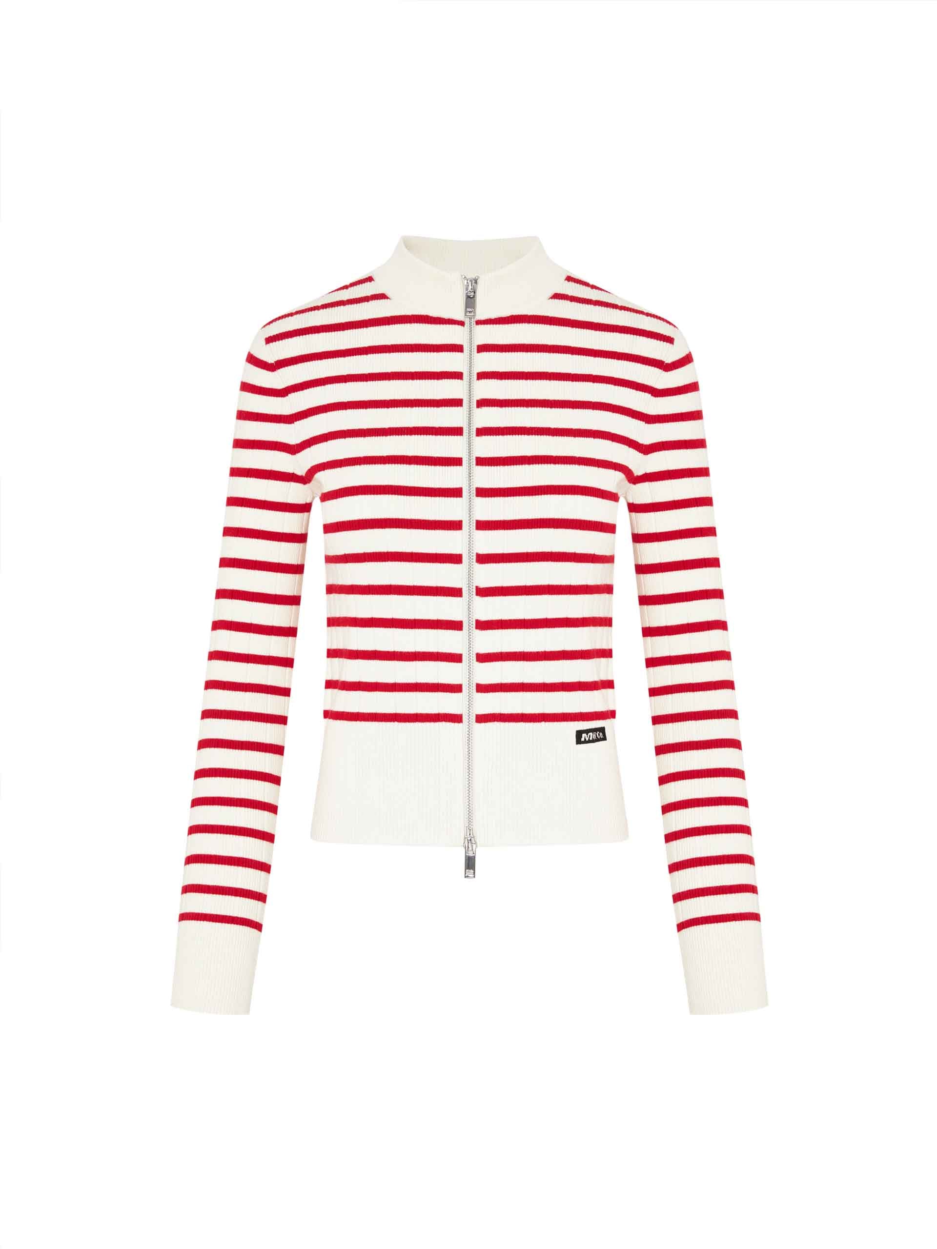 MO&Co. Women's Zip Up Wool Blend Slim Fit Knitted Cardigan in Red and White Striped