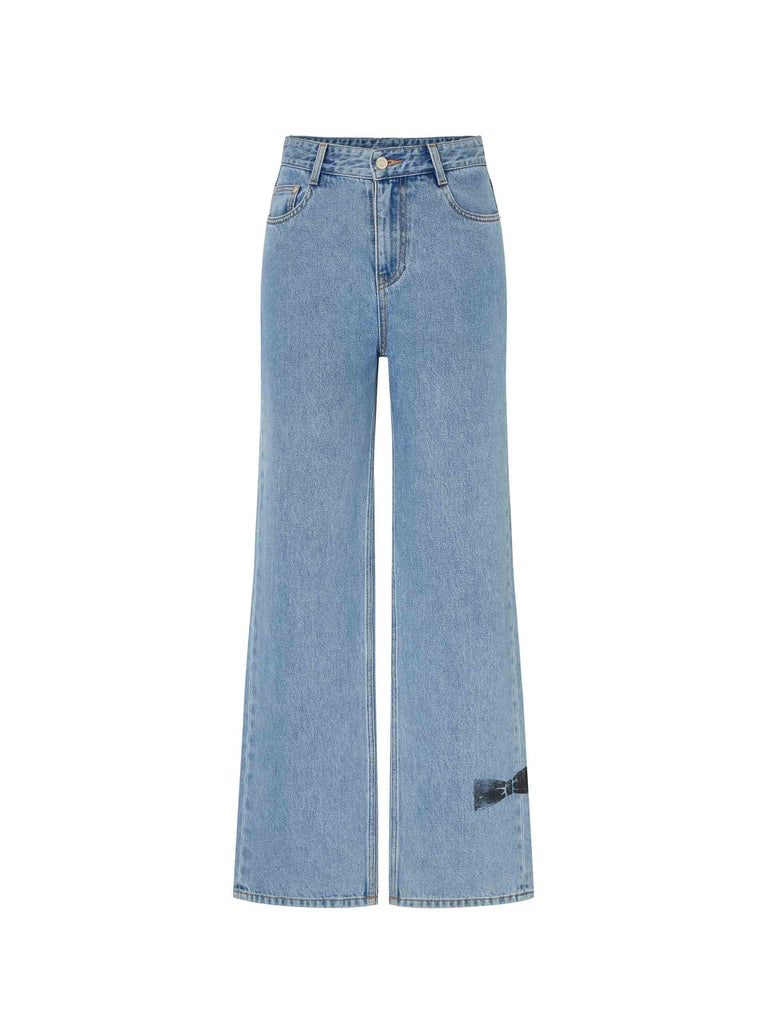 MO&Co. Women's Straight Bowknot Details Jeans in Blue. Featuring a high-waist design for a modern silhouette, these chic jeans are enhanced with bowknot-printed details at the back pocket and hem, adding a touch of femininity.