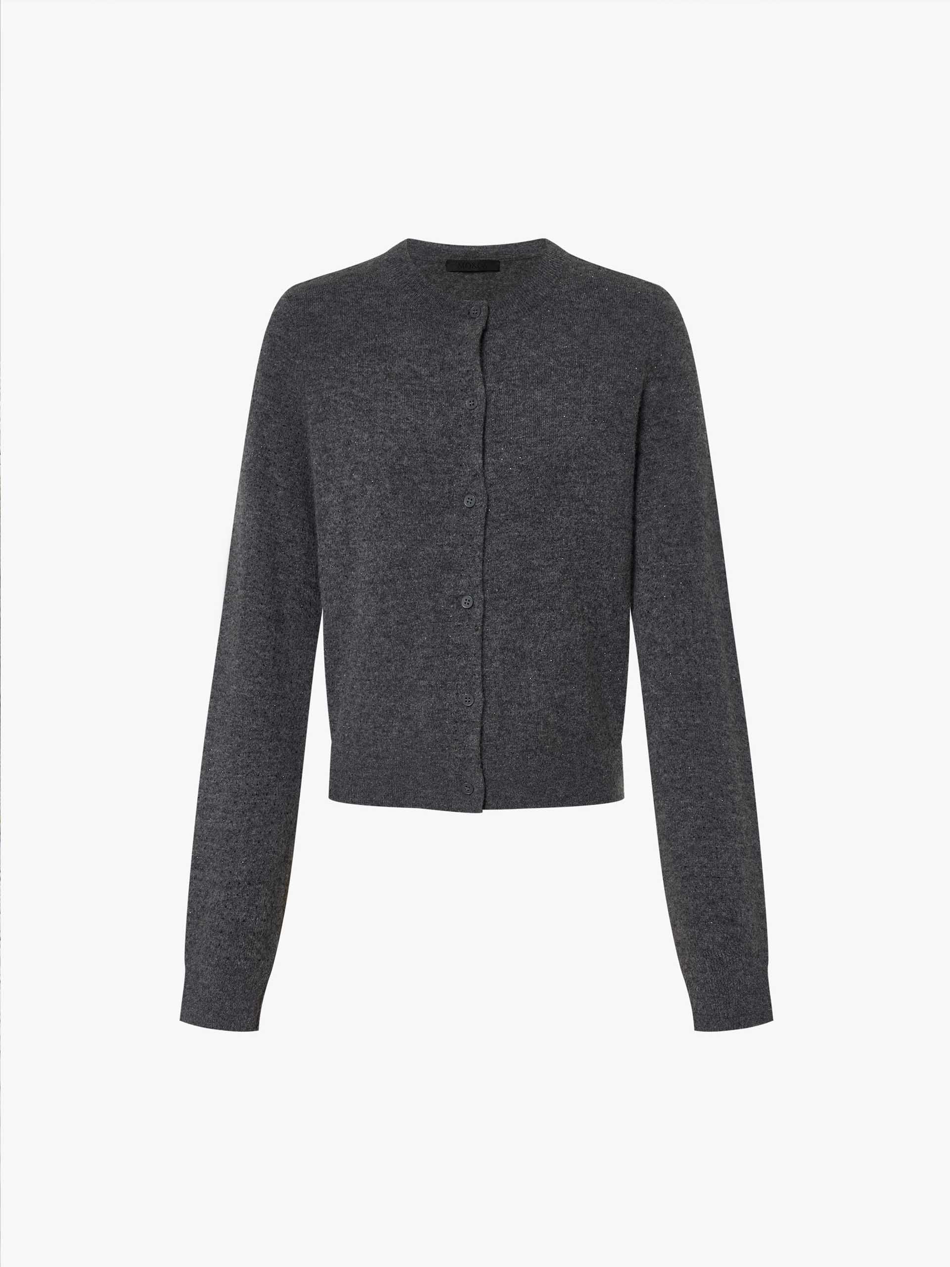 MO&Co. Women's Long Sleeve Pure Merino Wool Fitted Knit Cardigan in Grey with Rhinestone embellishment