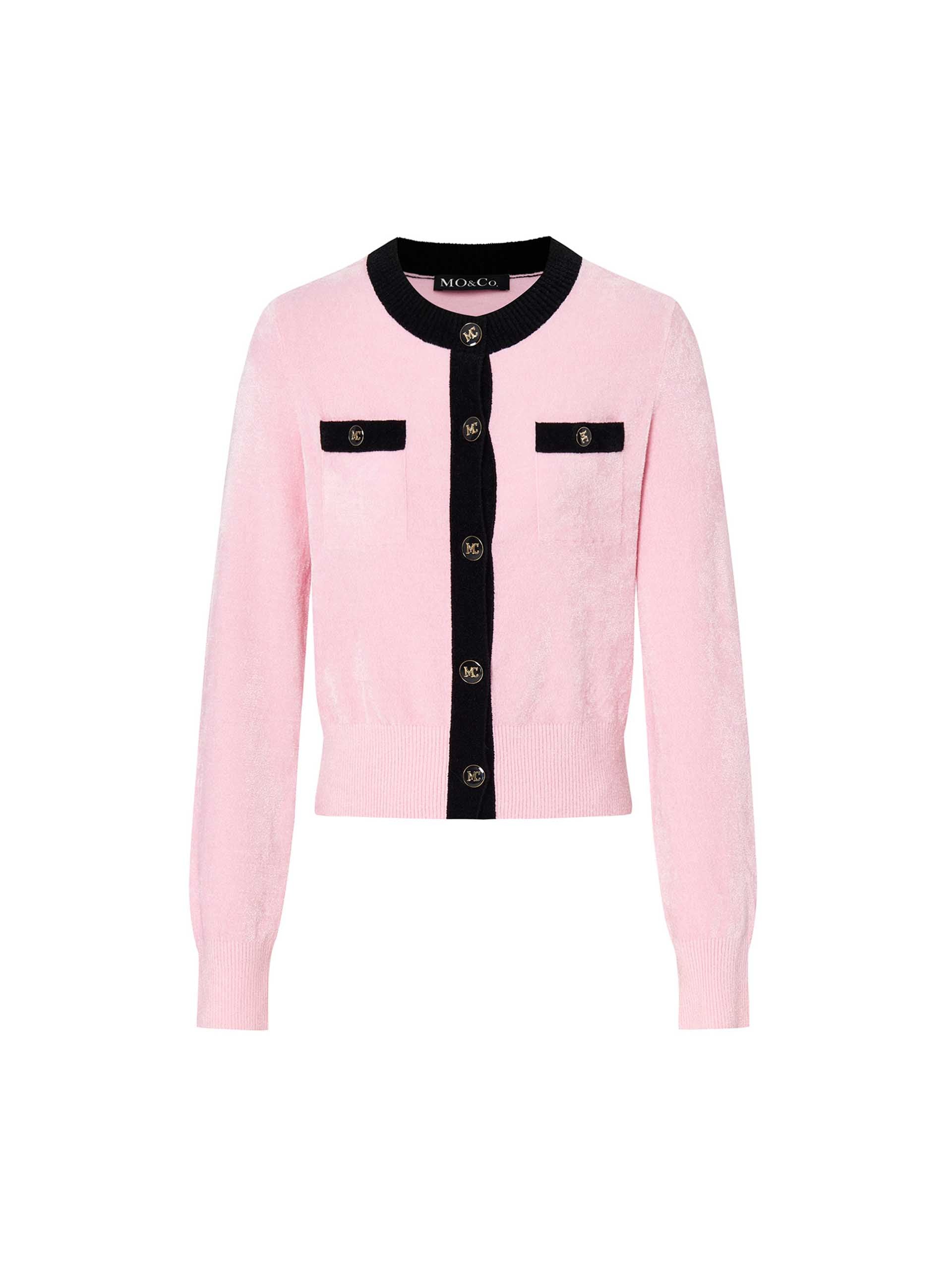 MO&Co. Women's Contrast Crew Neck Soft Textured Knitted Cardigan in Baby Pink